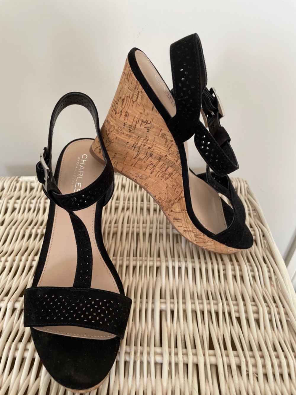 Charles by Charles David Black Suede Cork Wedge Sandals 8.5